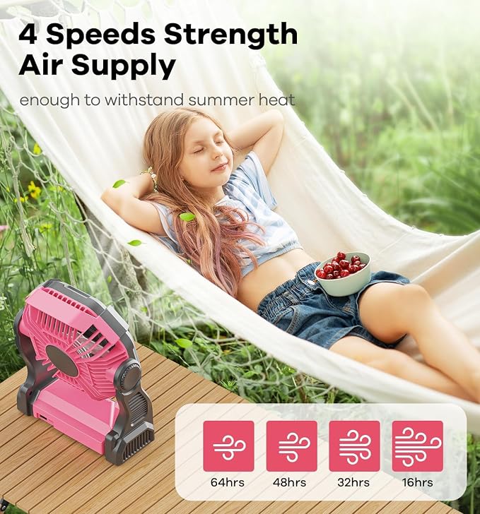 DOWILLDO 30000mAh Portable Battery Powered Camping Fan - with LED Light, Quiet Battery Operated, Camping Gear for Travel, Tent, Beach, Car or Hurricane Power Outages, Pink - Image 9