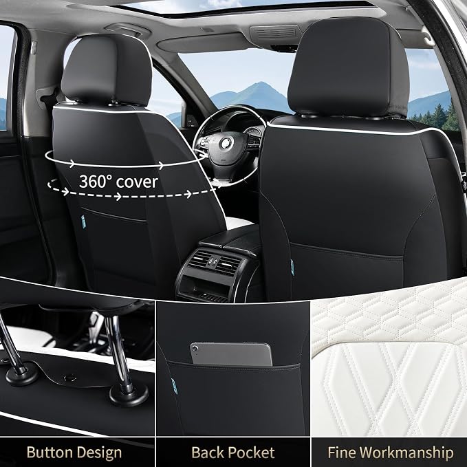 FLORICH Leather Car Seat Cover Full Set Automotive Seat Covers 5 Seats Front and Back Seat Cover Full Coverage Car Seat Cushion Universal Fit for Most Car Truck SUV Seat Protection, Black&White - Image 3