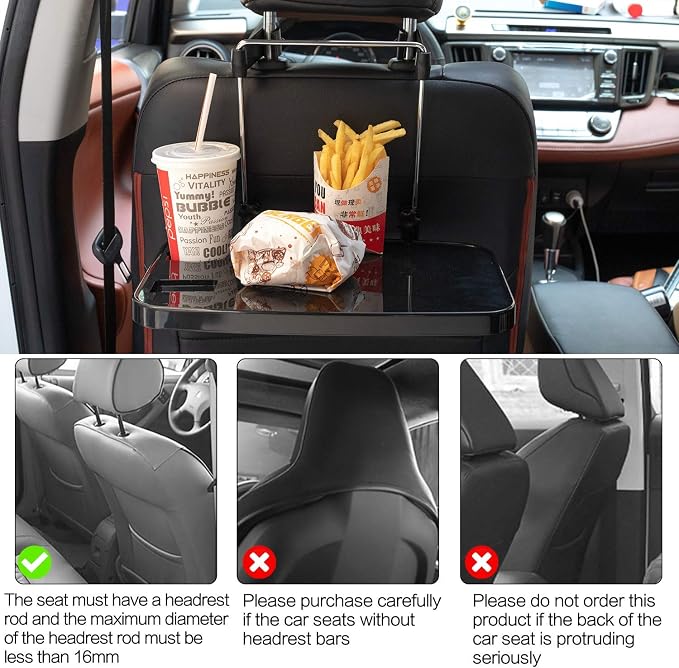 Foldable Car Seat Back Portable Tray for Food Dining Drink and Laptop, Hanging Car Steering Wheel Tray (Black) - Image 3