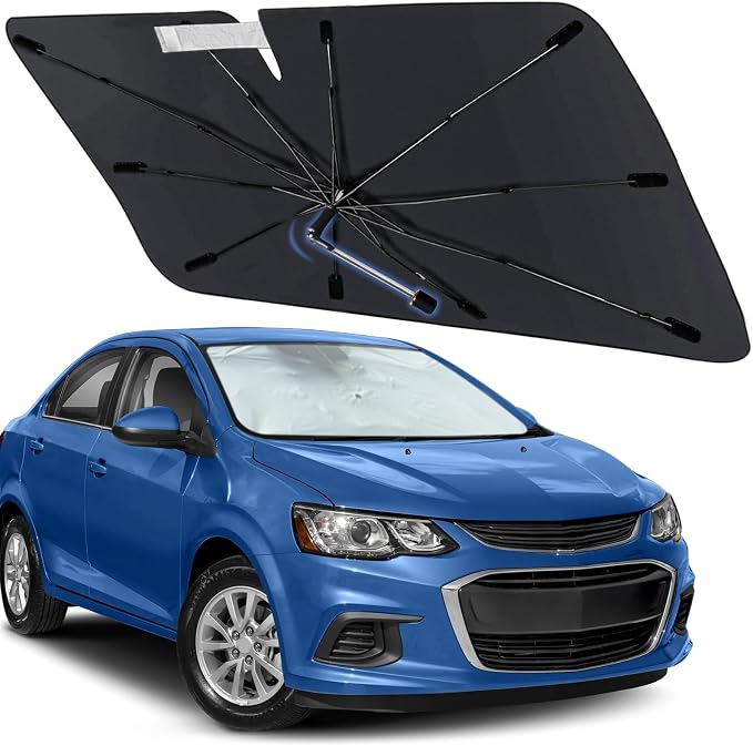 Windshield Sun Shade for Chevrolet Sonic 2012-2020, Car Umbrella Sunshade | Custom Fit Car Sun Visor with 360° Rotating Shaft, UV Protection Heat Shield Sun Blocker Heat Reflector and Easy Storage by Visufy
