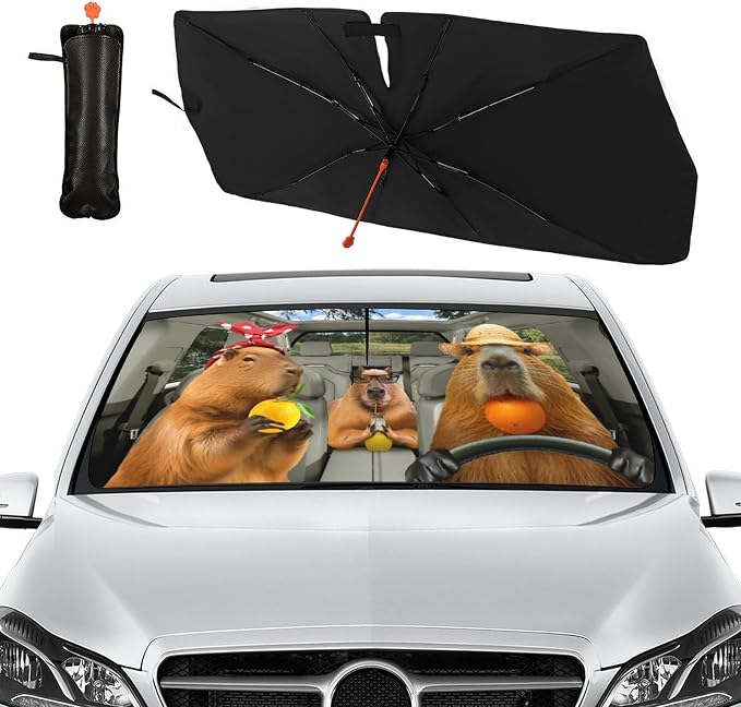 Funny Capybara Car Windshield Sunshade Umbrella Capybaras Sun Shade Umbrella for Car Foldable Windshield Umbrella Block UV Rays Heat Keep Vehicle Cool for Cars SUV 57"x30" - Image 2