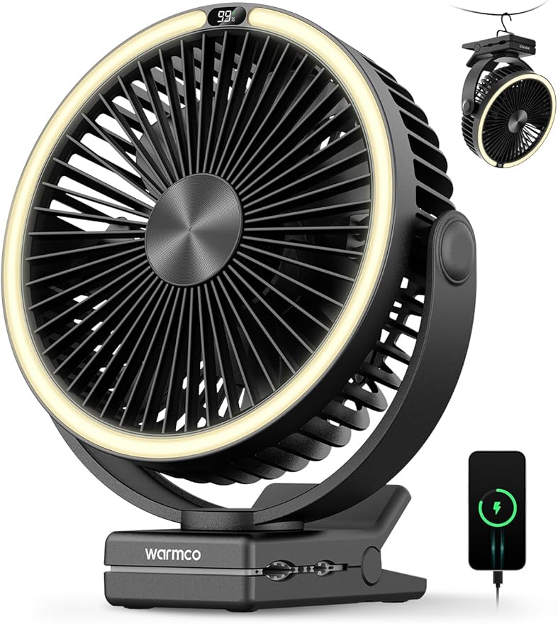 Warmco 15000mAh Clip on Fan with LED Light for Camping and Golf Car | 12-30H Runtime, 300H+ Light, USB-C Two-Way Charging, 3-Level LED Light, Clip Hook Desk Use, 4 Speeds by Warmwinterscoolsummers
