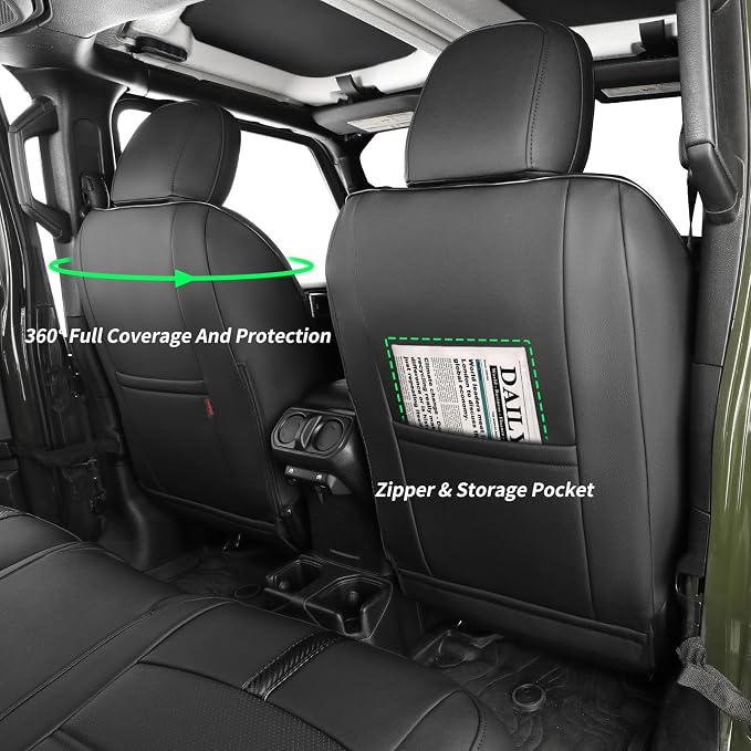 coverdream Wrangler Seat Covers Full Set for 2018-2026 Jeep Wrangler Rubicon,Sport,Sahara SUV,Rear Split Seat w/No Armrest,Fully Covered,Luxury Waterproof Leather Car Seat Protector(Black) - Image 4