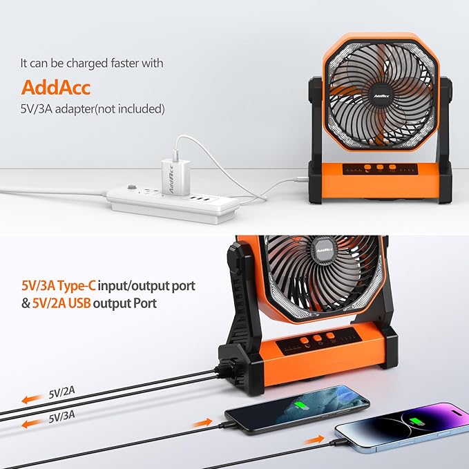 20000mAh Battery Powered Camping Fan, 58Hrs Rechargeable Portable Fan, 400LM Light, 360° Hook, Whisper Quiet Battery Operated Fan for Outdoor Car Travel Gear Essentials Power Outages Co-brand AMACOOL - Image 5