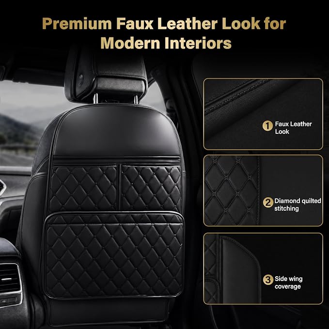2 Pack Seat Back Protector Kick Mats, Premium Interior Look | Dust, Scuff & Wear Protection / Easy-Clean Surface / 3 Storage Pockets Help Keep Your Car Interior Neat - Image 3