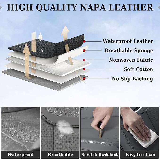 Coverado Car Seat Covers Full Set, Luxury Leather Car Seat Cover, Front and Back Seat Covers for Cars, Waterproof Car Seat Protector, Automotive Seat Covers Universal Fit Most Cars(Gray) - Image 3