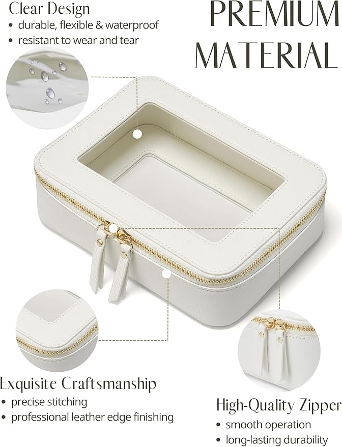 Clear Makeup Bag with Zipper, Women Travel Toilrty Bag White Medium | Structured Clear Cosmetic Case, Car Essential Organizer Bag, Waterproof PU Leather, Dual Zipper, Wide Opening and Compact - Image 2