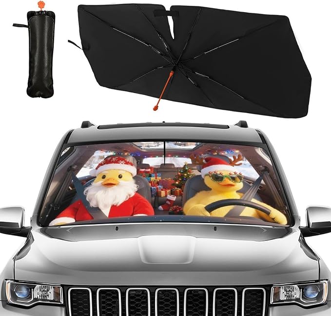 CHILL·TEK Funny Animal Car Windshield Sun Shade Umbrella, Christmas Duck Car Sun Shade Umbrella, Block UV Rays Heat Foldable Windshield Umbrella Sun Visor Protector - Keep Vehicle Cool for Cars SUV - Image 2