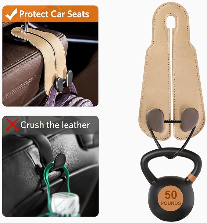 CoBak Extra Wide Car Seat Back Hooks, Premium Stitched Leather Headrest Hangers with Wide Slot Structure, Universal for Any-Width Purses, Handbags, Bags (2 Pack), Gold - Image 5