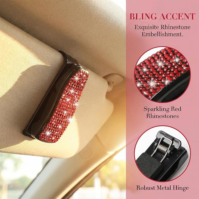 HZEL 2PCS Bling Sunglasses Holder for Car Visor, Crystal Rhinestone Sun Visor Eyeglasses and Ticket Card Mount Clip, Shiny Diamond Auto Glasses Hanger Holder, Universal for Vehicles (White) - Image 5