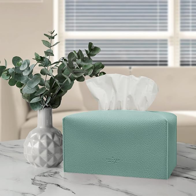 Carrotez Tissue Box Cover, [Refined] Modern PU Leather Rectangular Tissue Box Holder - Decorative Holder/Organizer for Bathroom Vanity Countertop, Night Stands, Office Desk 9.5"X5"X5" - Mint - Image 8