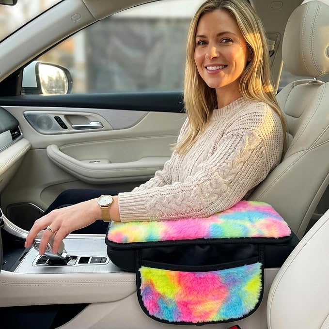 Plush Fuzzy Fur Car Armrest Cover with Side Pockets,Tie Dye | Fluffy Armrest Cushion Pad,Soft Center Console Cover,Car Interior Storage Accessories ,for Most Car Decoration Protector - Image 3