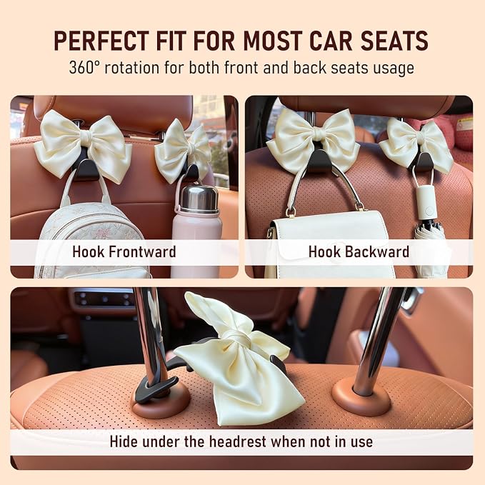 Car Seat Headrest Hook, Bow Car Purse Hooks, Auto Seat Hook Hangers Storage Organizer Interior Accessories for Purse Coats Umbrellas Grocery Bags Handbag, 2-Pack (White) - Image 3