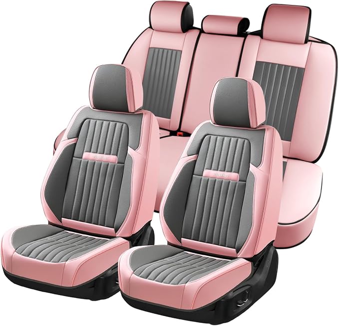 Coverado Car Seat Covers Full Set, Nappa Leather Seat Covers for Cars, Waterproof Car Seat Covers Front Seats and Back, Automotive Car Seat Protector Car Seat Cushion Fit for Most Cars (Pink&Grey) by COVERADOAUTO
