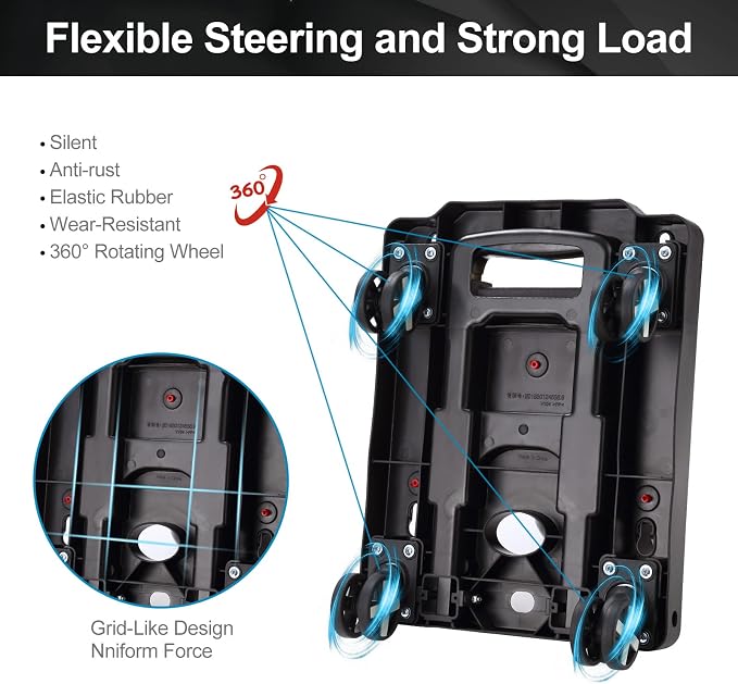 GtIiFmTe Foldable Hand Truck, Lightweight Luggage Cart for Airport Car Seat | Compact Folding dolly with Rotating swivel wheel,storage size12×15.7×4.1",300lbs Load,Upright Lock Handle with 3bungee cords - Image 5