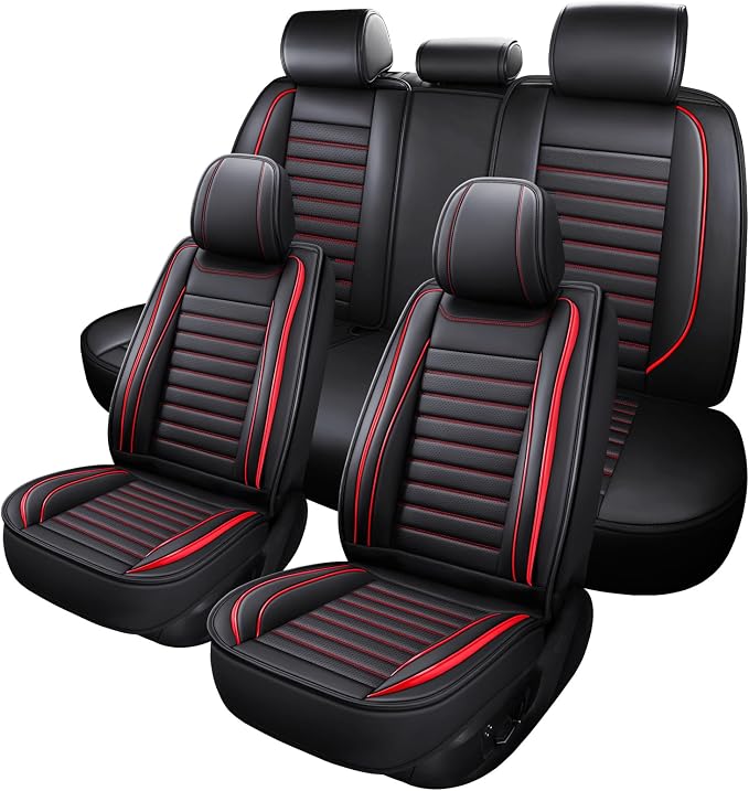 MINGBRON Leather Car Seat Covers Full Set, Universal Faux Leather Car Seat Covers 5 Seats, Automotive Seat Covers for Most Sedans SUVs Trucks, Front and Rear Seat Covers,Wine Red by MINGBRONCARSEATCOVER