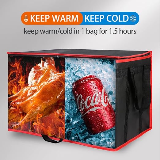 Bodaon 3-Pack Insulated Food Delivery Bag for Hot and Cold Meal, XXXL Cooler/Thermal Bags, Grocery Tote Insulation Bag for Catering, Large Pizza Warmer, Black with Red Edge - Image 4