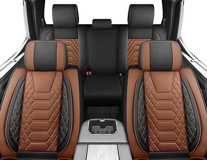 FREESOO Custom Leather for Toyota Tundra Seat Covers 2007-2013 Crewmax Cab | Fit for Crewmax Cab 5 Seats, Full Set, 60/40 Split Bench, Faux Leather, for Truck Toyota Tundra Accessories, BlackBrown - Image 8