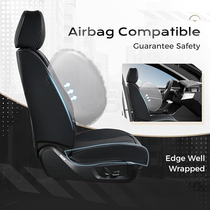 Coverado Seat Covers, Premium Nappa Leather Car Seat Covers Front Seats, Waterproof Car Seat Protector with Lumbar Support, Front Driver Seat Covers Universal Fit for Most Cars (Black&Gray) - Image 3