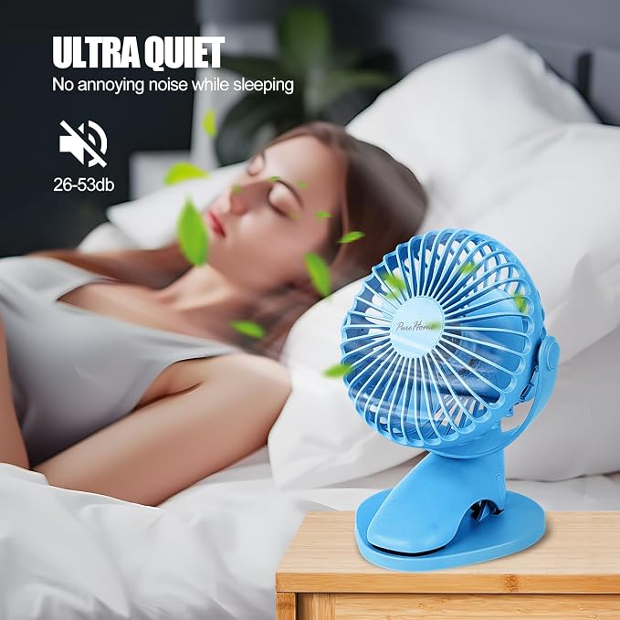 Portable Clip Fan Battery Operated,3 Speeds USB Rechargeable Mini Table Fan with Strong Airflow,360°Rotation Ultra Quiet Personal Desk Fan for Home Office Bedroom Dorm Stroller Camping - Blue - Image 5