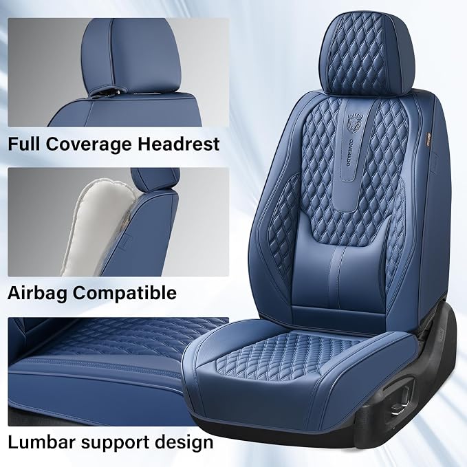 Coverado Car Seat Covers Full Set, Nappa Leather Seat Covers for Car, Waterproof Car Seat Protector with Lumbar Support, Automotive Seat Covers Universal Fit for Most Cars SUV Trucks (Blue) - Image 4