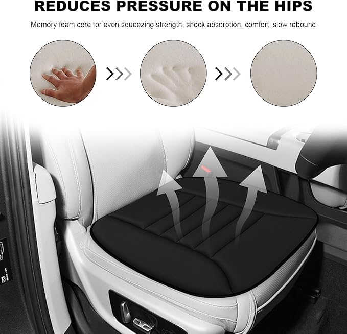 Car Seat Cushion, 1.2" Thick Comfort Memory Foam Auto Seat Pad with Non Slip Bottom, Breathable Driver Seats Pillow Pressure Relief Chair Cushion for Vehicle Office Home (Black) - Image 4