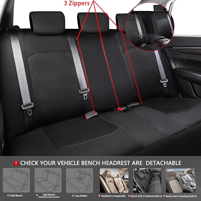 CAR PASS 3D Air Mesh Car Seat Covers Full Set, Breathable Sporty Rear Bench with Zipper for Armrest Box Universal Fit 95% Automotive SUV,Truck,Sedan Interior Cute Women Airbag Compatible, Black Blue - Image 6