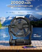 Portable Rechargeable Fan, 20000mAh Battery Powered Camping Fan with LED Light & Hook, 270° Adjustable, 4-Speed, 4H Timer Camping Essentials for Outdoor Tent Travel BBQ Car, Gifts for Men Dad - Image 7