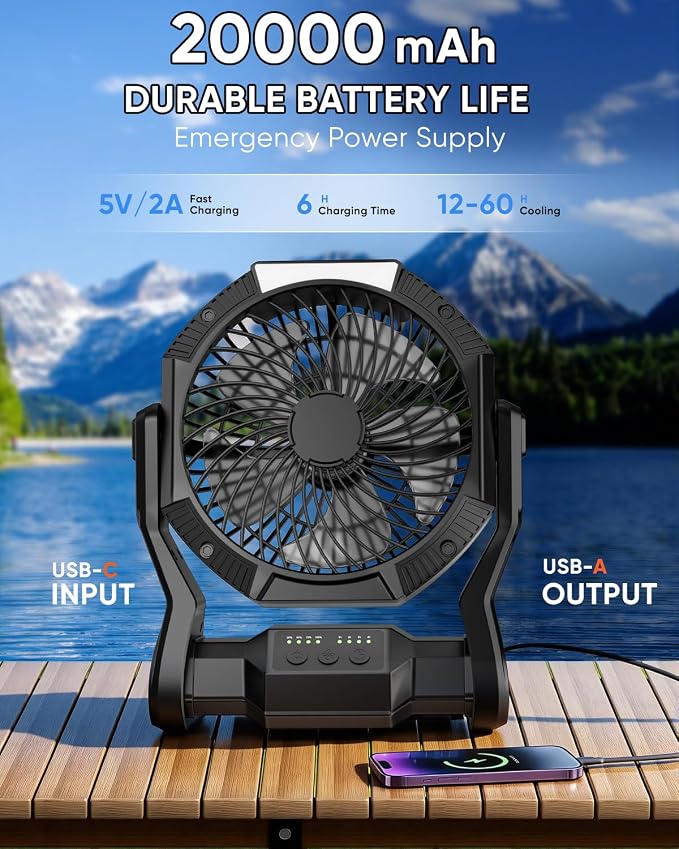 Portable Rechargeable Fan, 20000mAh Battery Powered Camping Fan with LED Light & Hook, 270° Adjustable, 4-Speed, 4H Timer Camping Essentials for Outdoor Tent Travel BBQ Car, Gifts for Men Dad - Image 7