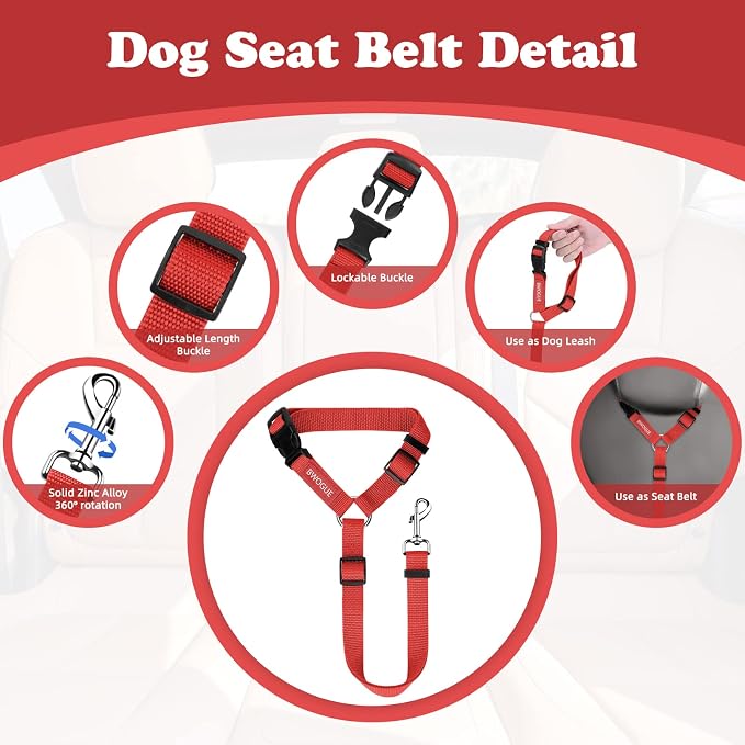 BWOGUE 2 Pack Dog Seat Belt for Car, Headrest Restraint Safety Strap, Red | 18-30 in Adjustable, Headrest Loop, 2 Pack for Dogs and Cats, Nylon Safety Strap, Use with Dog Harness, Zinc Alloy Snap - Image 3