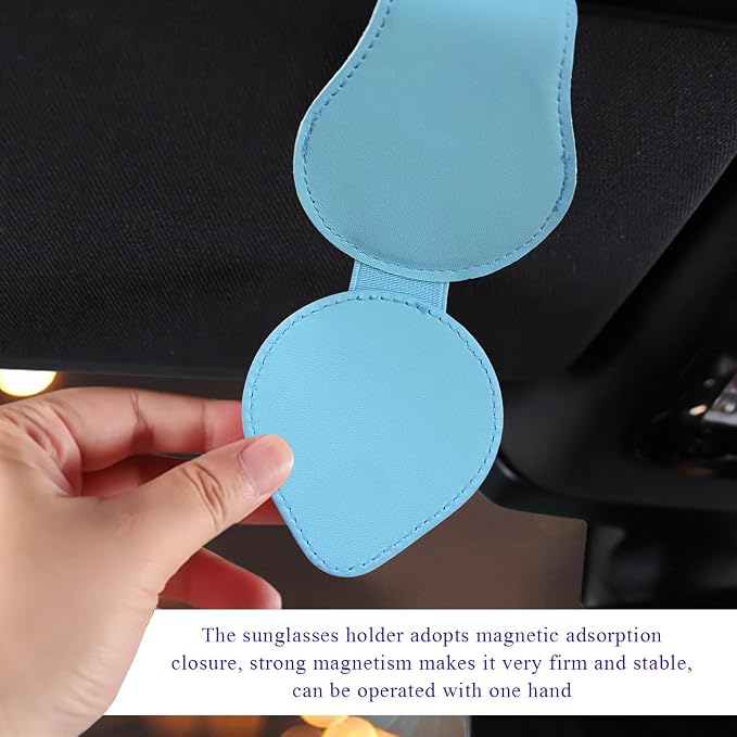 KVAEY Bling Sunglass Holder for Car Visor, Magnetic Leather Visor Clip Glasses Holder with Sparkling Rhinestones, Crystal Visor Ticket Card Clip for Women Girls, Car Accessories (Blue & White) - Image 4