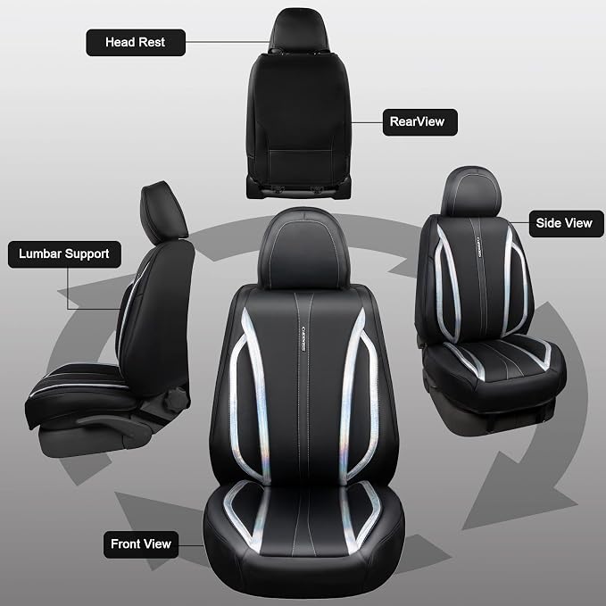 CAR PASS Nappa Leather Holographic Laser Car Seat Covers Front Seats Only Cushioned, Waterproof Waist Protector Universal fit for SUV Truck Pickup Luxury Stylish Elegant for Women Black Silver Strips - Image 6