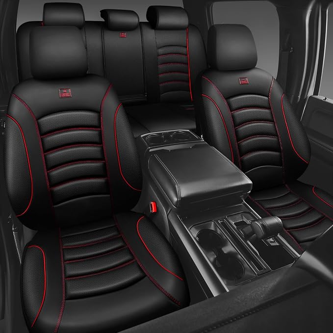 CAR PASS 3D Foam PU Leather Car Seat Covers, Universal Seat Covers Full Sets for Trucks SUV Sedan Automotive Seat Covers Armrest Airbag Compatible Waterproof Comfortable Faux Nappa Leather Black Red - Image 2