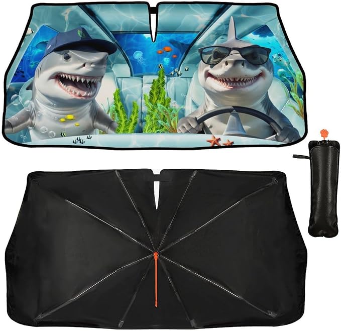 Funny Sharks Car Windshield Sunshade Umbrella Sharks Driving Sun Shade for Car Windshield Umbrella Upgraded Sunshades Blocks UV & Heat Front Window Shades for SUV Sedan Auto by Unknown