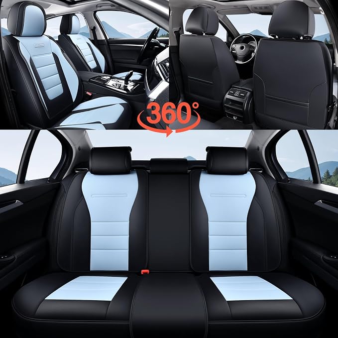 Coverado Car Seat Covers Front, Seat Covers for Cars, Waterproof 2-Pack Car Seat Cushions, Leather Carseat Seat Protectors, Universal Seat Covers Fit for Most Sedans Pick-up Trucks(Black&Light Blue) - Image 7