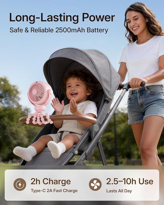 SWEETFULL Portable Stroller Fan, Pinch-Proof Baby Fan - Pink | Wide Turbine Airflow; Safe Design; LED Display; 5-Speed; 30dB Quiet; USB-C Rechargeable; Mini Clip On Fan for Car Seat & Bed - Image 4