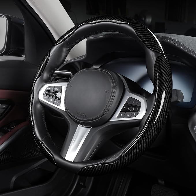 Carbon Fiber Steering Wheel Cover Universal 3pcs Protector Glossy Black | Snap on Car Steering Wheel Cover Accessories 3pcs Set Wrap Grip Non Slip Protector - Image 3