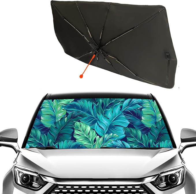 Socira Tropical Car Sun Shade Windshield Umbrella Palm Leaf Sunshade | for Green Window Shades Windshield Sun Shade Umbrella Sun Visor Leaves Car Accessories Keeps Cool 57" x 30" by Socira