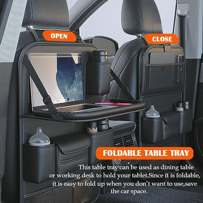 Foldable Car Backseat Organizer with Table Tray, Car Seat Back Protector with Touch Screen Phone Holder, Premium Leather Kick Mats with Storage Pockets Tissue Holder (Black) - Image 4