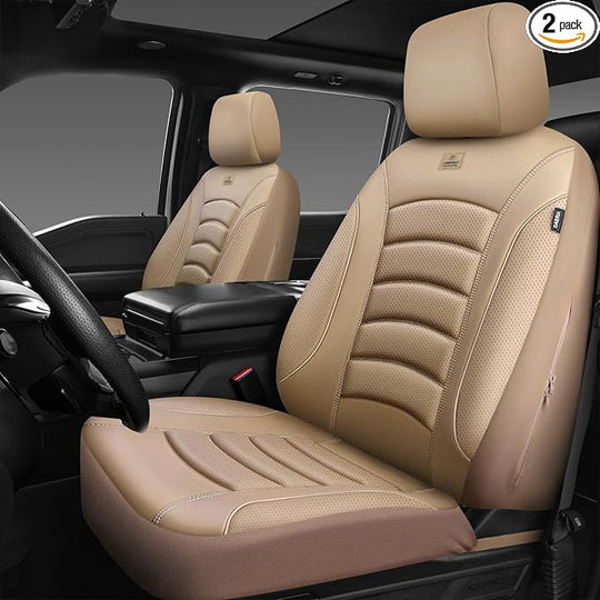 CAR PASS 3D Foam PU Leather Car Seat Covers, Universal Seat Covers Front 2 for Trucks SUV Sedan Automotive Seat Covers Armrest Airbag Compatible Waterproof Comfortable Faux Nappa Leather All Beige by CARPASS