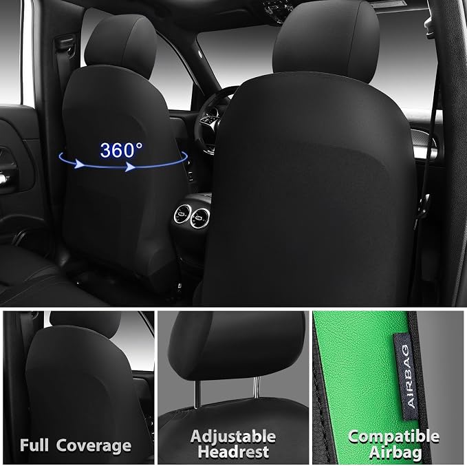 Car Pass Memory Foam Leather Seat Covers,Air Cool Mesh Thick Car Seat Covers Front Seat Green Leather Seat Covers for Cars Universal for SUVs Trucks,Airbag Compatible Comfort Durable,Black Green Metal - Image 2