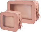 2 Pcs Travel Clear Makeup Bag Set, Clear Makeup Organizer with Zipper Leather Travel Bags for Toiletries Small Cosmetic Bags for Women Mini Make up Pouch Toiletry Bags Car Essentials by FFpaw