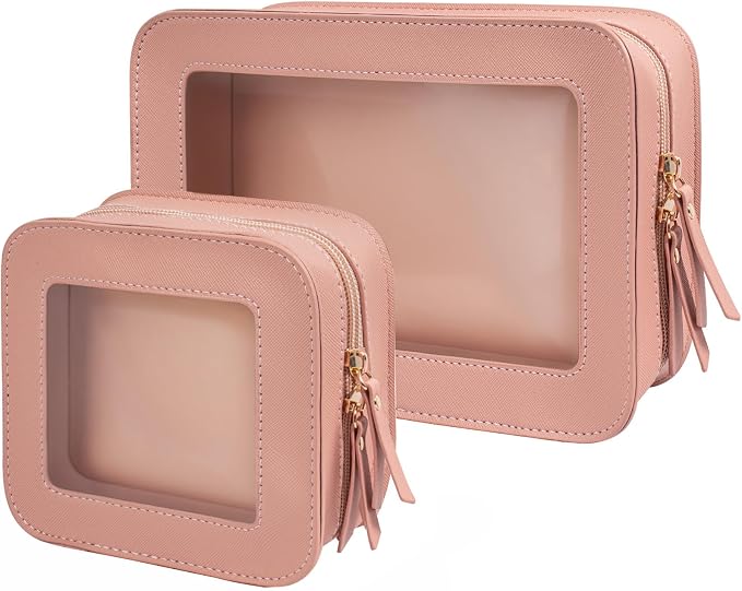 2 Pcs Travel Clear Makeup Bag Set, Clear Makeup Organizer with Zipper Leather Travel Bags for Toiletries Small Cosmetic Bags for Women Mini Make up Pouch Toiletry Bags Car Essentials by FFpaw