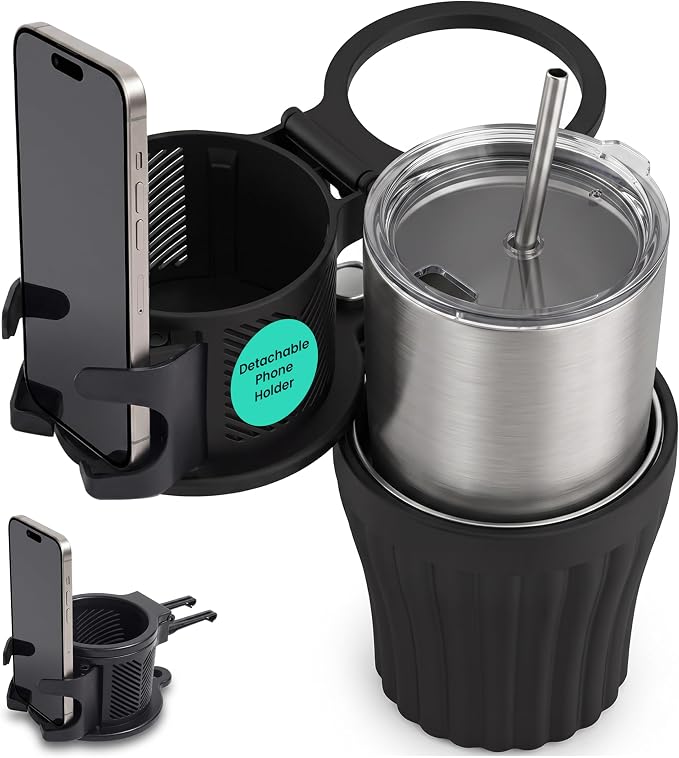 Car Cup Holder Expander with Phone Holder, 360° Adjustable Cup Holder Extender, Upgraded Stainless Steel Liner, Fits 40 oz Tumblers, Water Bottles, Coffee Cups and Large Drink Containers by Unknown