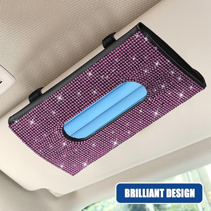 Bling Car Sun Visor Tissue Box Holder, Visor Accessories, Rhinestone PU Leather Crystal Sparkling Napkin Holder, Auto Sun Visor Paper Towel Cover Case Accessories for Most Cars (Pink) - Image 5