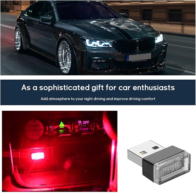 Dickno 4 PCS USB LED Car Interior Atmosphere Lamp, Portable Mini LED Night Light, Plug-in USB Interface Trunk Ambient Lighting Kit, Universal Vehicle Interior Accessories (White+Red) - Image 6