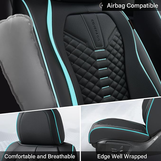 Coverado Seat Covers, Car Seat Cover Front Seats, 2 Pack Universal Seat Covers for Cars, Nappa Leather Waterproof Seat Cover, Car Seat Protectors, Front Seat Cover Fit for Most Cars, Black&Blue - Image 3