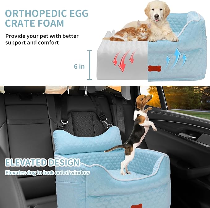 Dog Car Seat for Small Dogs Up to 25 lbs with 6-Inch Memory Foam Cushion | Elevated Booster Seat with Safety Belts, Storage Pockets and Removable Washable Cover for Front or Back Seats, Blue - Image 2