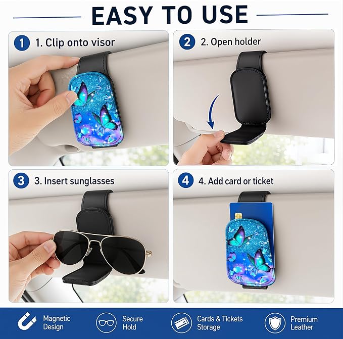 Leather Magnetic Sunglass Holder for Car Sun Visor, Cute Eyeglass Ticket Card Hanger Clip, Universal Auto Interior Accessories for SUV Pickup Truck, Pastel Butterfly - Image 5