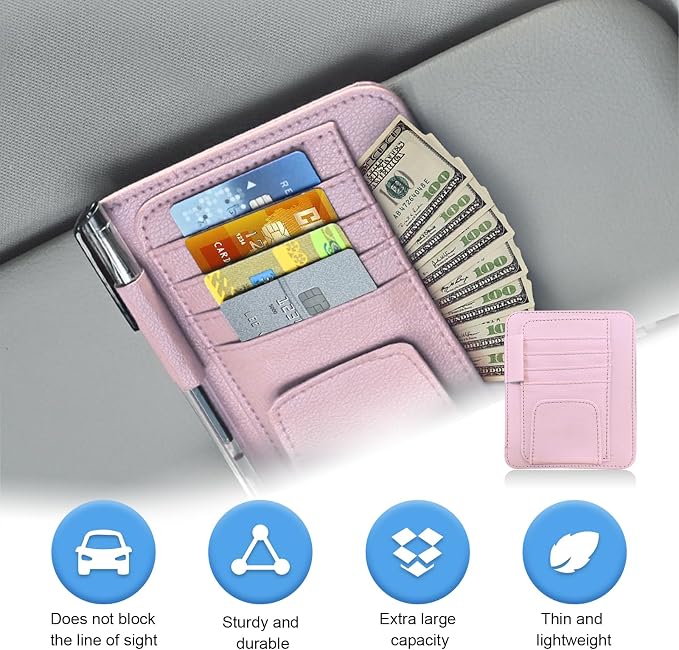 Augeny Car Sun Visor Organizer, Small Auto Visor Organizer and Storage, Registration and Document Holder, Vehicle Accessories for Sunglasses, Document, Card, Pen, Driver License (Pink) - Image 4